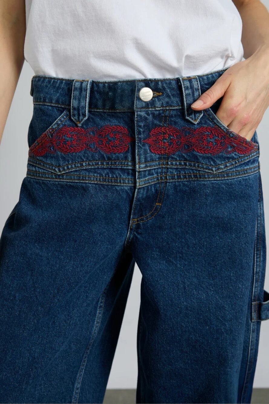 ANTHRO Damson Madder Drew WTexas Dark Wash Embroidery Wide Leg Carpenter 10
